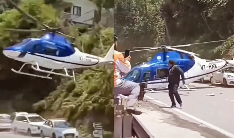Vivos de milagro: helicóptero se desploma en transitada carretera de La India