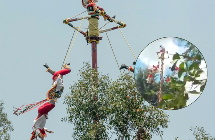 Momento en el que caen voladores de Papantla durante danza ritual en Veracruz