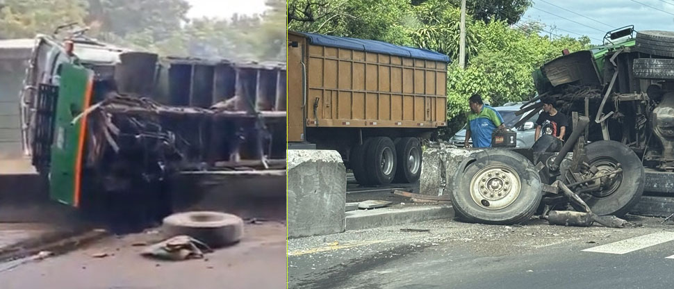 Reportan fuerte carga vehicular tras vuelco de camión en carretera Panamericana, Sonsonate