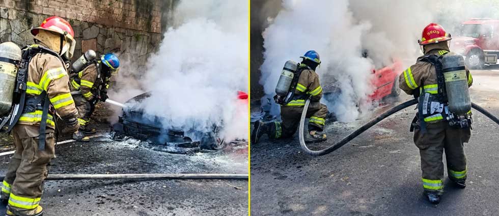 Vehículo se incendia en el redondel de las Fuentes Beethoven en la colonia Escalón