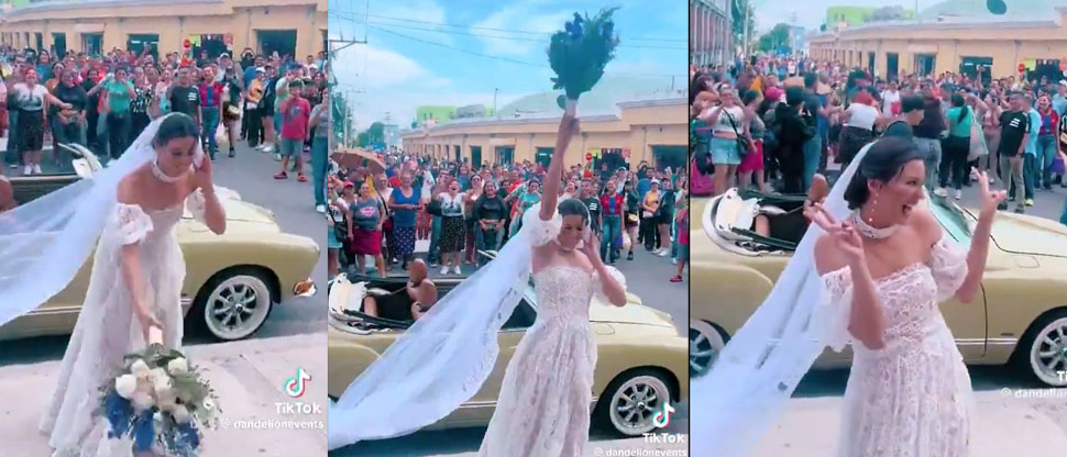 Novia se viraliza al tirar el ramo a personas desconocidas afuera de la iglesia el Calvario