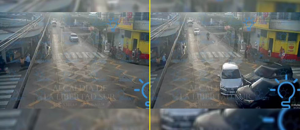 ¿Distracción al volante? Cámaras captan triple siniestro vial en calles de Santa Tecla