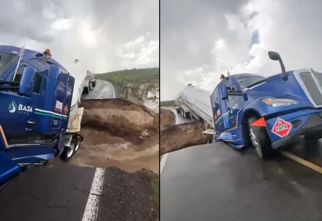México: carretera colapsa y pipa de gas queda al borde del precipicio