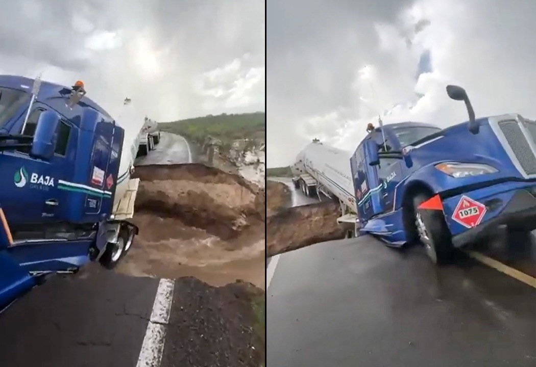 México: carretera colapsa y pipa de gas queda al borde del precipicio