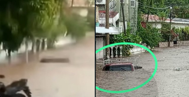 Pick up queda completamente bajo el agua tras fuertes lluvias en San Julián, Sonsonate