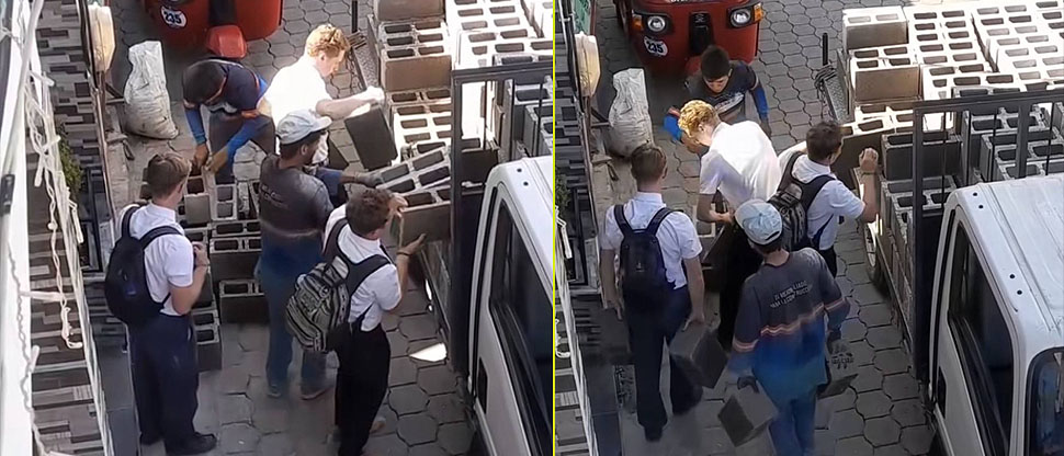 Una «manita» con amor y fe: mormones ayudan a trabajadores a jalar bloques de cemento