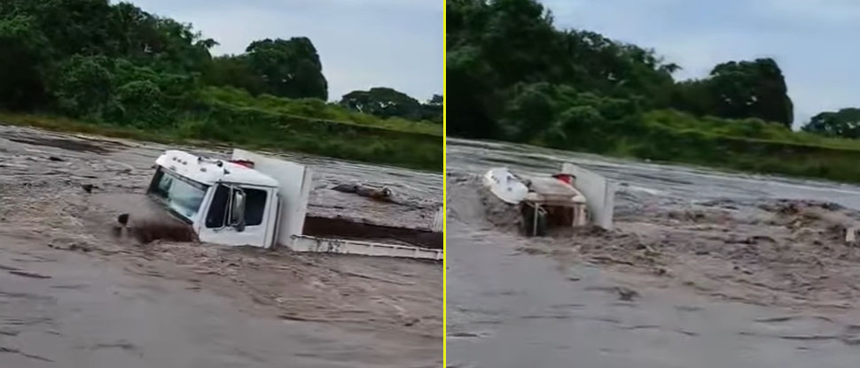 Trabajadores de camión arenero fueron sorprendidos por la repunta de un río en La Libertad