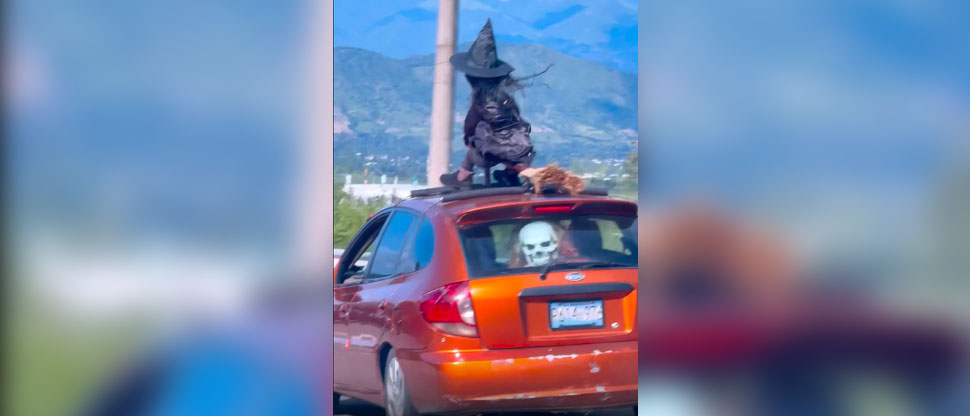 Salvadoreño se viraliza por llevar a una brujita sobre su carro