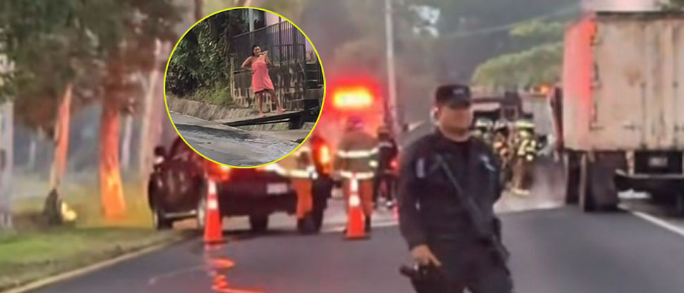 Salvadoreña no resiste al “chisme” y sale en toalla para ver incendio de un vehículo