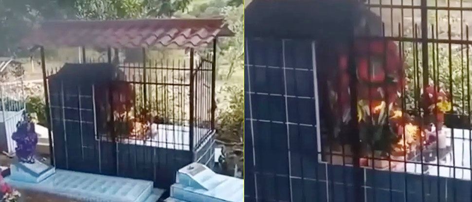 Captan momento cuando flores sobre una tumba se incendian misteriosamente