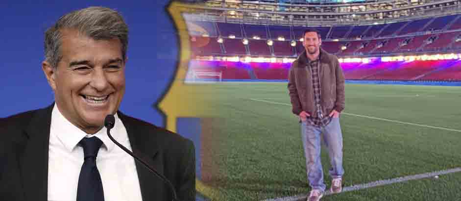 Joan Laporta le da risa la foto que hizo Messi en el Camp Nou