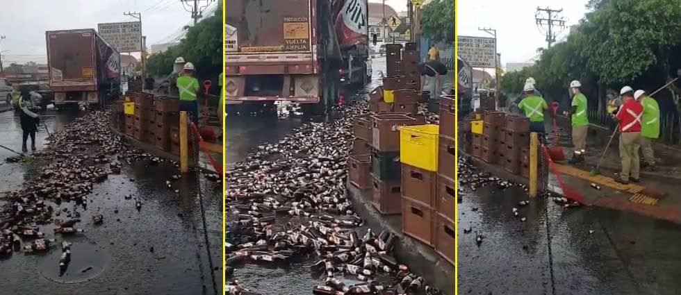 ¡Tráiler derrama cientos de cervezas en zona del Reloj de Flores!
