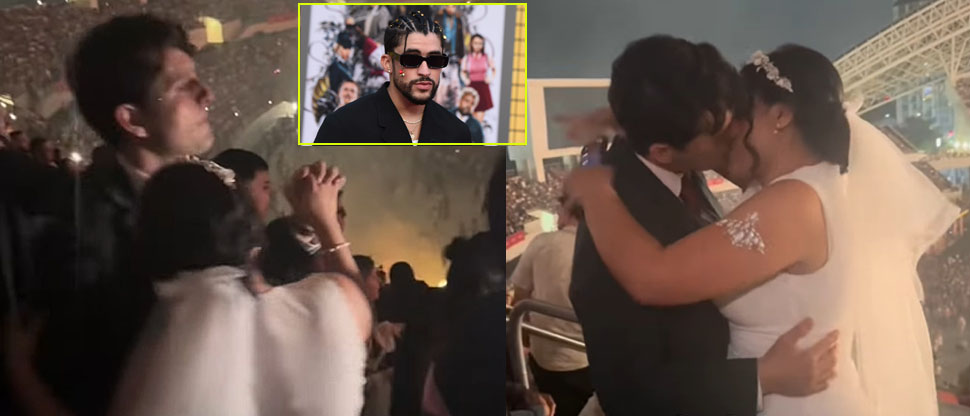 Con vestido de novia y traje, pareja celebra su noche de boda en concierto de Bad Bunny