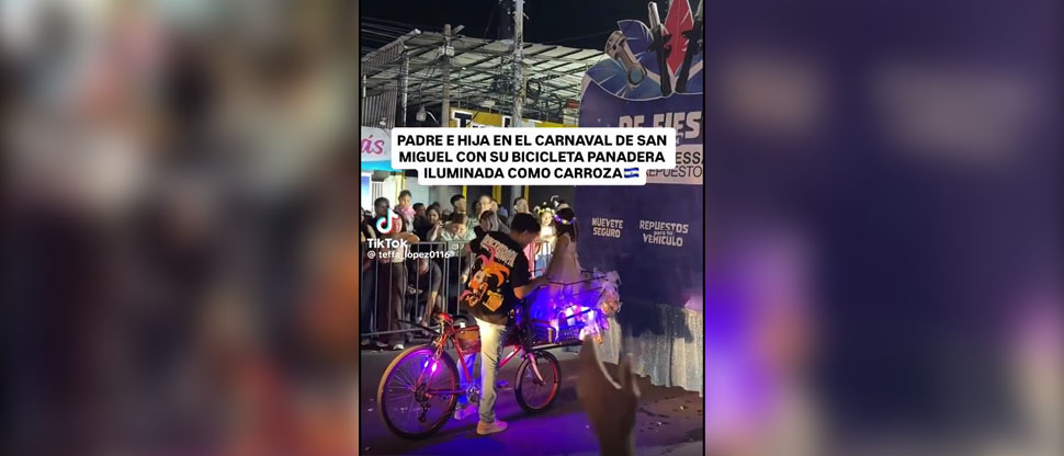 Migueleño cumple el sueño de su hijita y convierte su bicicleta en carroza para participar en el Carnaval de San Miguel