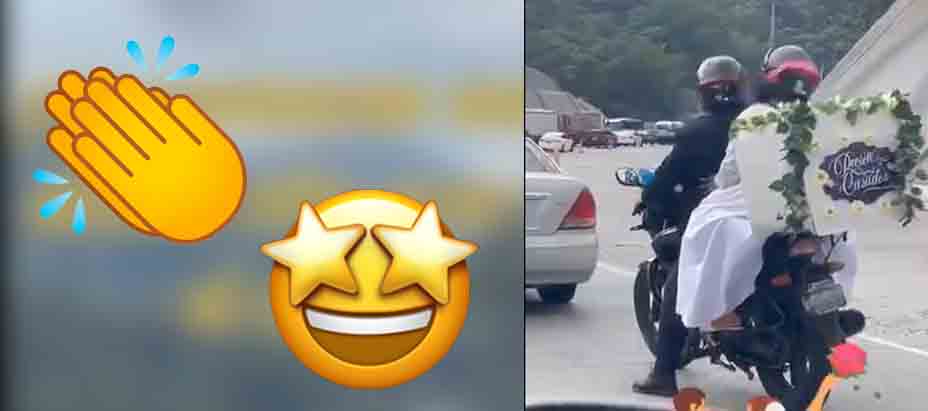 Viralizan a pareja de casados viajando en su moto en  la autopista de Los Chorros