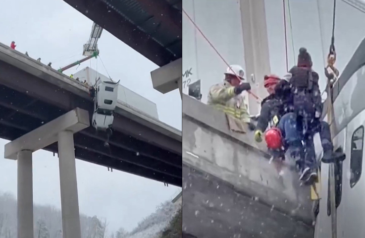 De película: rescatan a conductor de tráiler que quedó colgado de un puente en Mason, EE.UU.