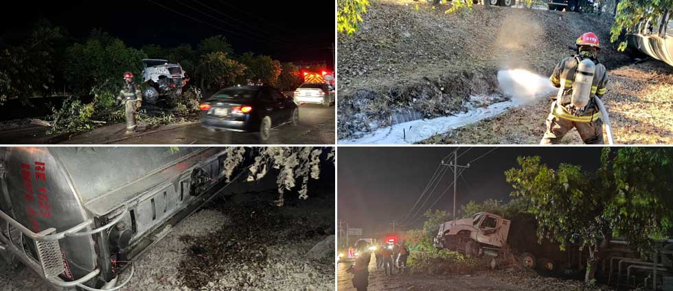 CBES aplica agente encapsulador en zona donde camión cisterna volcó y derramó combustible en Apopa