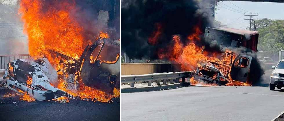 Camión repartidor de bebidas es consumido por las llamas
