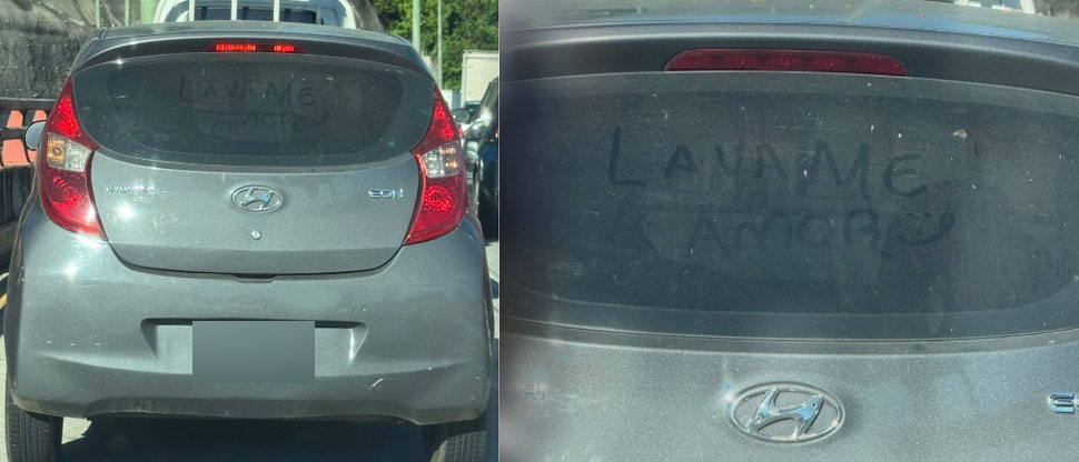 “Lavame amor”, dejan emotivo mensaje en automóvil en Sivar