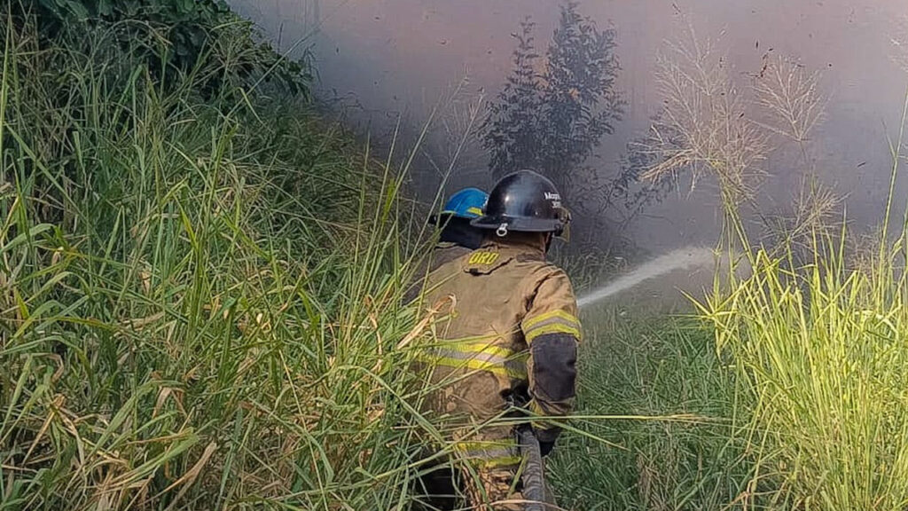 Atienden incendio en terreno con abundante maleza seca en Santa Ana