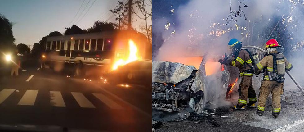 Así se incendió el auto en Zaragoza: choca contra un autobús, se prende en llamas y casi propaga el fuego a la unidad