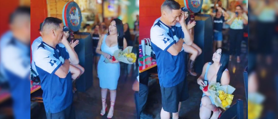 Cansada de esperar la iniciativa de su novio, mujer se arrodilla y le pide matrimonio