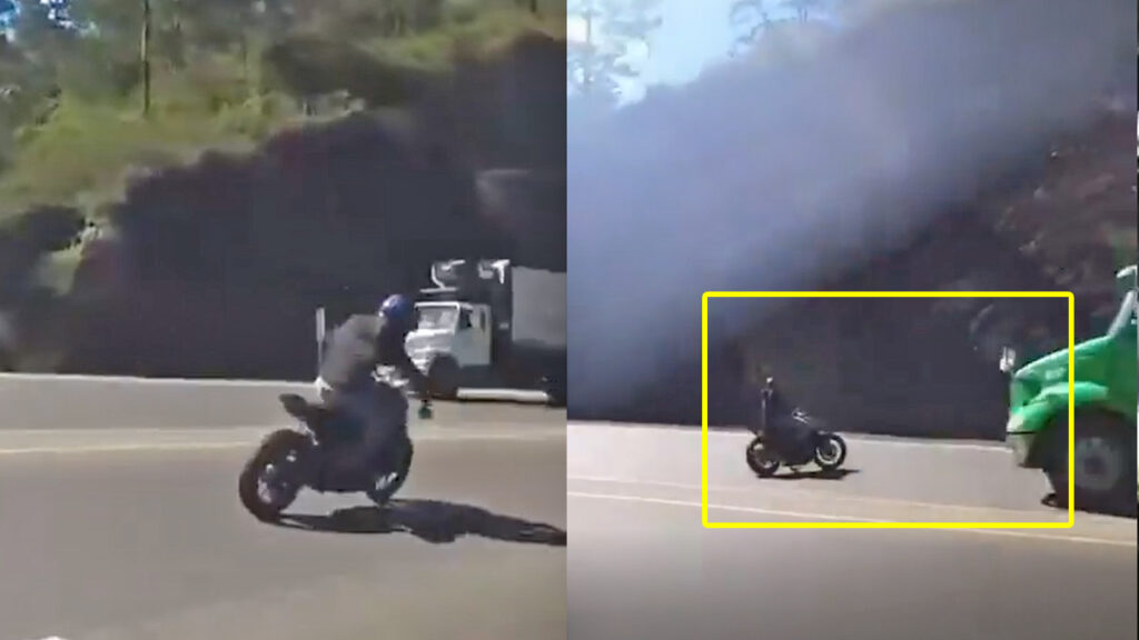 Por hacer “piruetas” en plena carretera, biker se estrella de frente contra una rastra