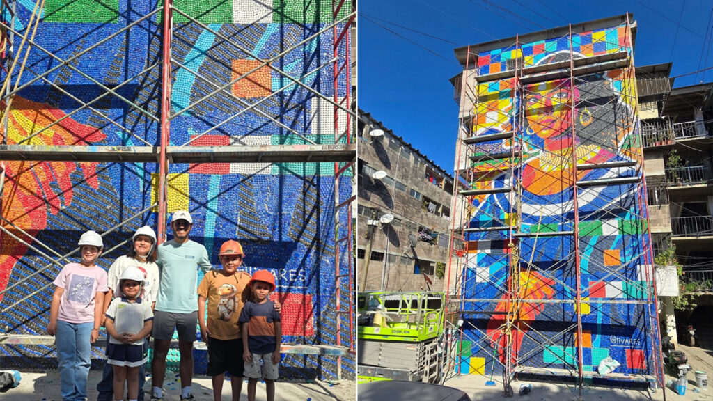 ¡Terminado! Artista venezolano concluye mural elaborado con miles de tapas recicladas en la Zacamil