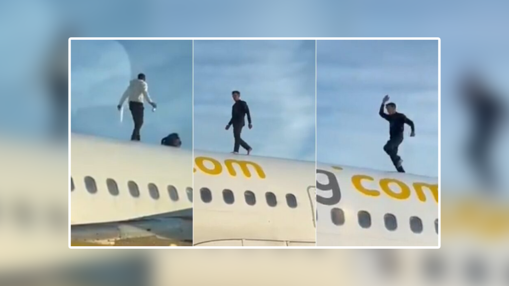 Individuo se sube al techo de un avión en Valencia, España