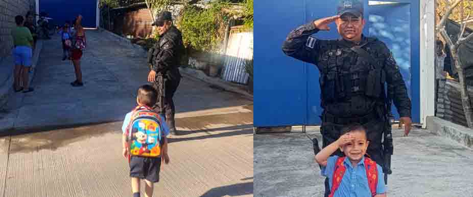 Estudiante  se toma fotografía con agente de la PNC por brindar seguridad en su escuela