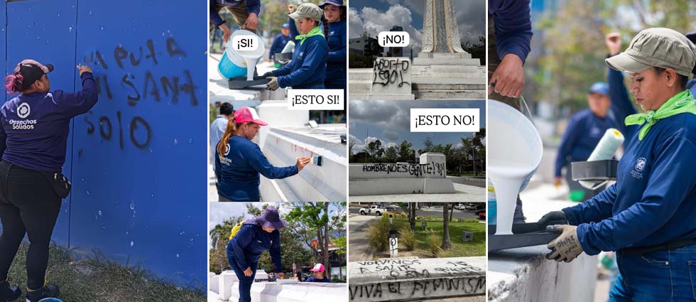 ¡Heroínas de la alcaldía de San Salvador limpian vandalismo dejado por feministas durante marcha del Día de la Mujer!