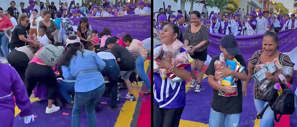 Feligreses se van a empujones para acaparar paquetes de galletas en decoración de alfombra