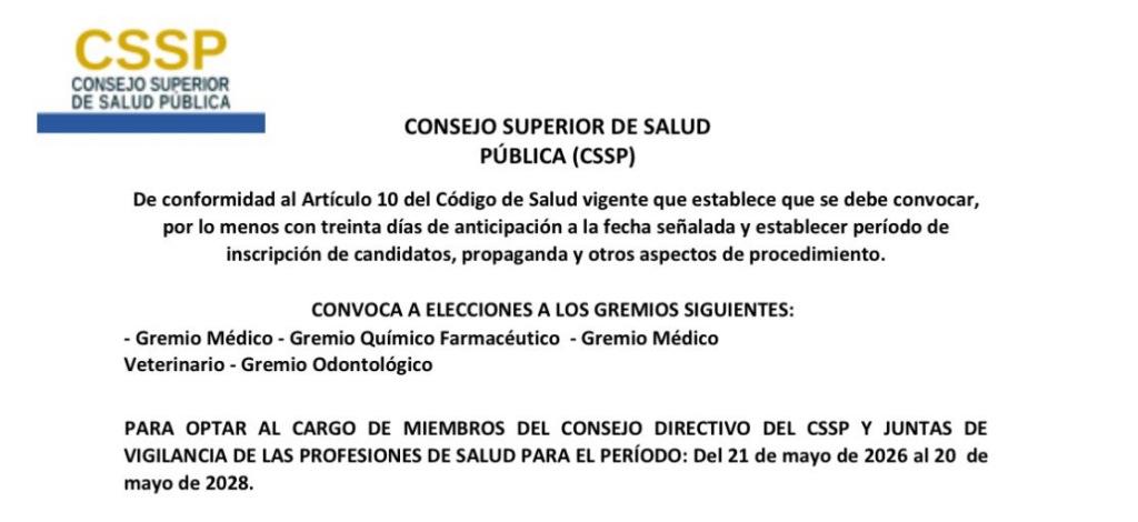 El Consejo Superior de Salud Pública convoca a proceso de elecciones