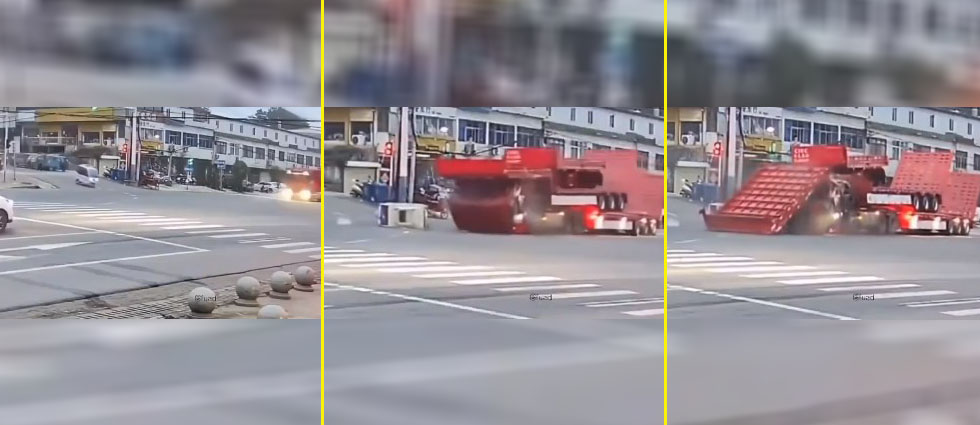 Tricimoto y camión de plataforma protagonizan viral escena en China: se accidentaron sin tocarse