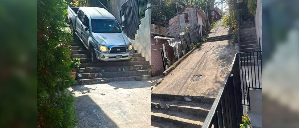 Conductor realiza peligrosa maniobra al bajar gradas de una colonia en su pick up 4×4