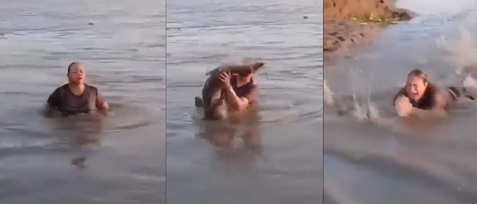 Mujer se lleva el susto de su vida al sacar un lagarto mientras se bañaba en una laguna