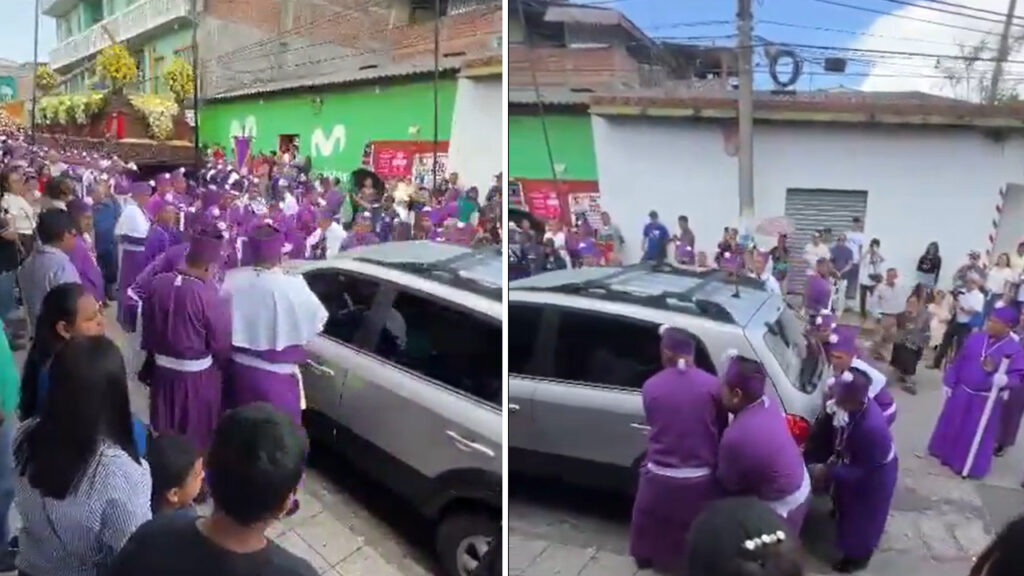 Feligreses se unen y mueven carro que bloqueaba el paso de una procesión en Cojutepeque