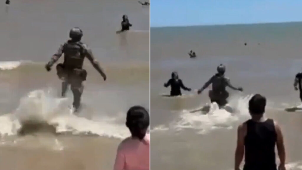 Militar se lanza al mar con uniforme y equipo completo para rescatar a dos jóvenes que se ahogaban