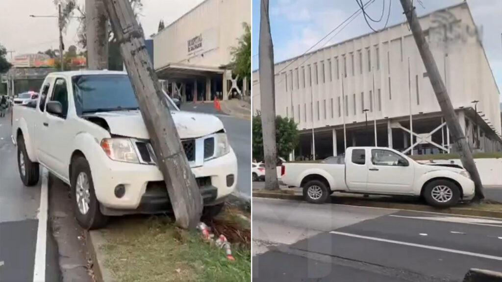 Conductor de pickup se accidenta y deja un poste a punto de caer en San Salvador