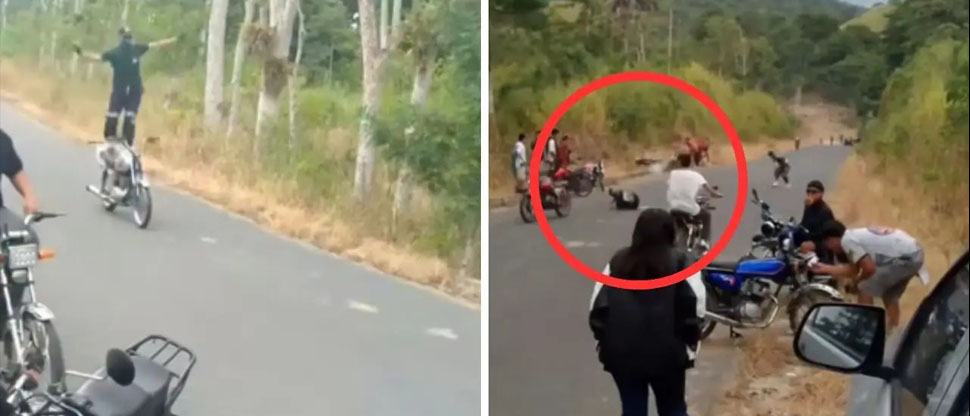 Jóvenes motociclistas sufren fuerte accidente tras realizar atrevidas piruetas