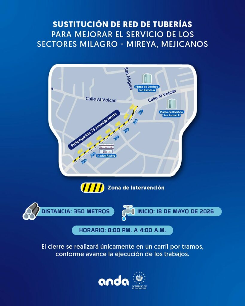 Anuncian restricción vehicular en calle al Volcán por trabajos de ANDA este lunes