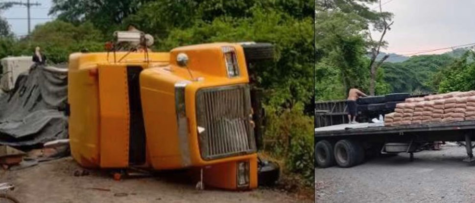 Rastra que transporta cemento vuelca en Metapán