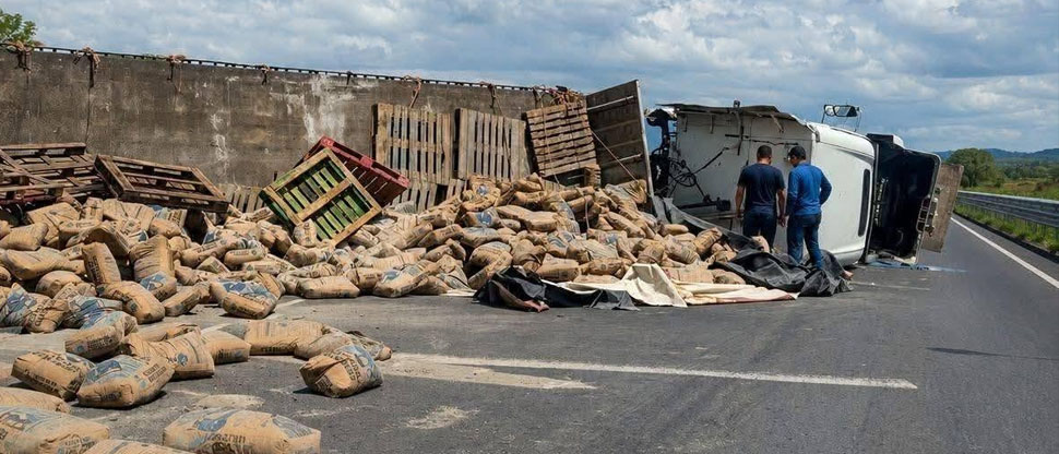 Rastra que transportaba bolsas con cemento vuelca 