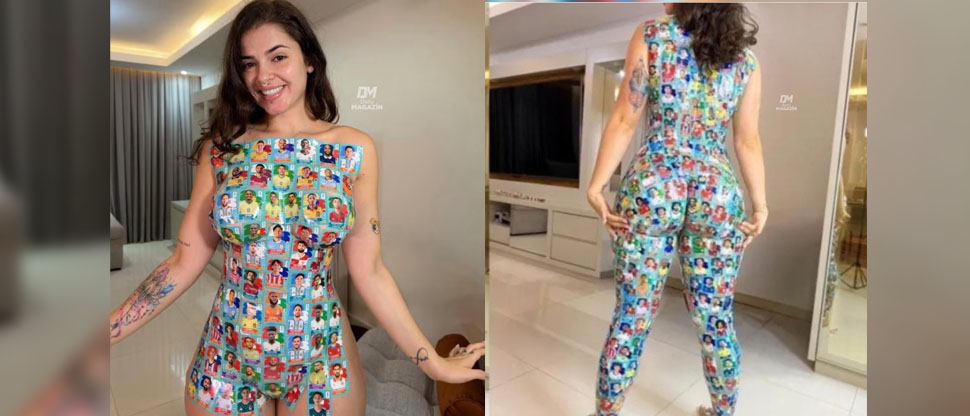 Influencer brasileña se suma a la fiebre del mundial y se forra el cuerpo con tarjetas de los jugadores